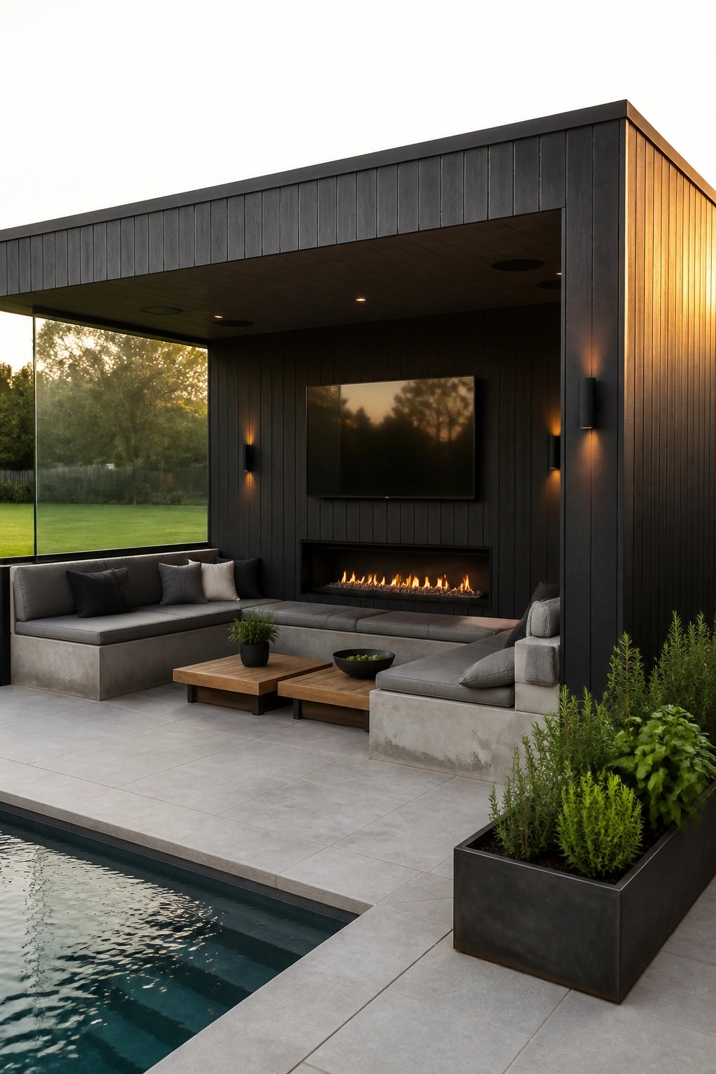 Modern dark wood patio with built-in seating, fireplace, TV, and poolside planters