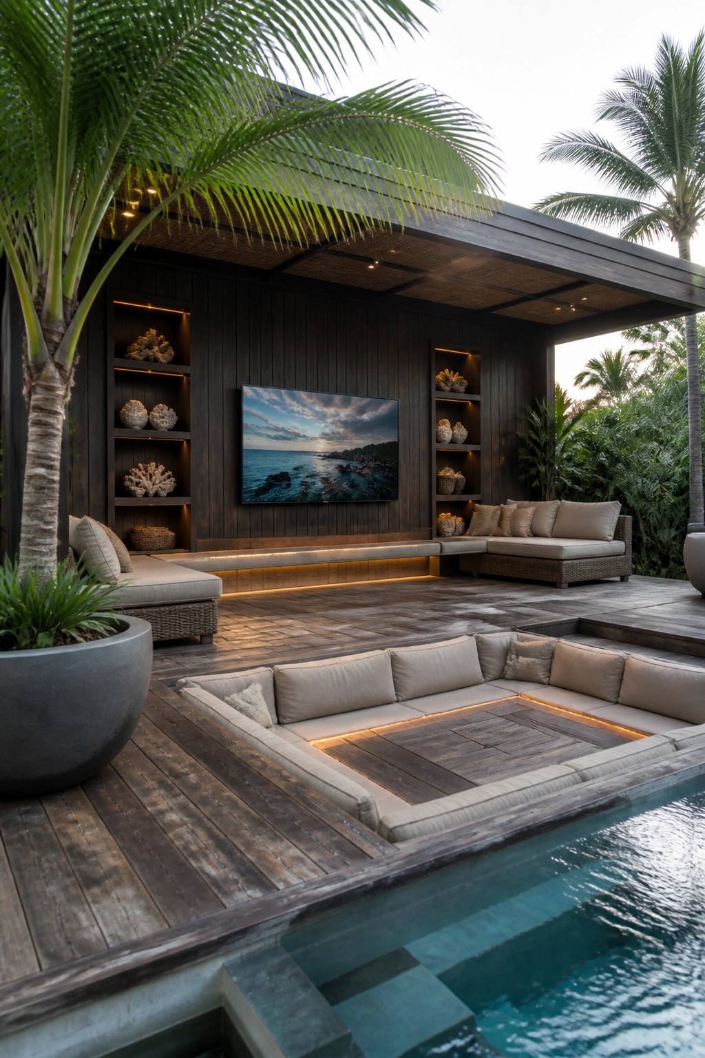 Luxurious tropical deck with dark wood walls, TV, beige sofas, and pool at dusk