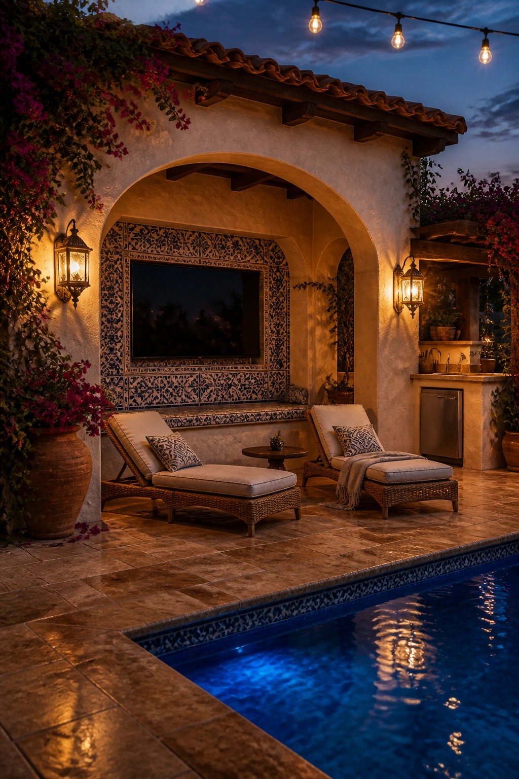 An outdoor cabana with a flat screen TV recessed into a tiled arched niche beside a pool, with two lounge chairs and string lights overhead at dusk.