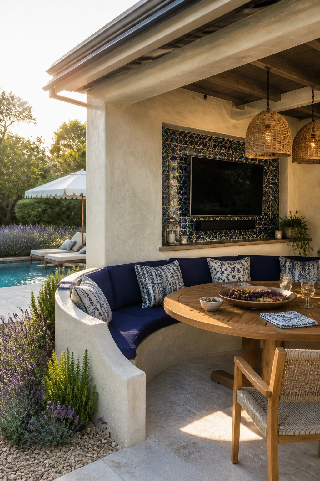 An outdoor patio with a curved blue built-in bench, a round wooden dining table, and a wall-mounted TV on a decorative tiled wall next to a swimming pool.