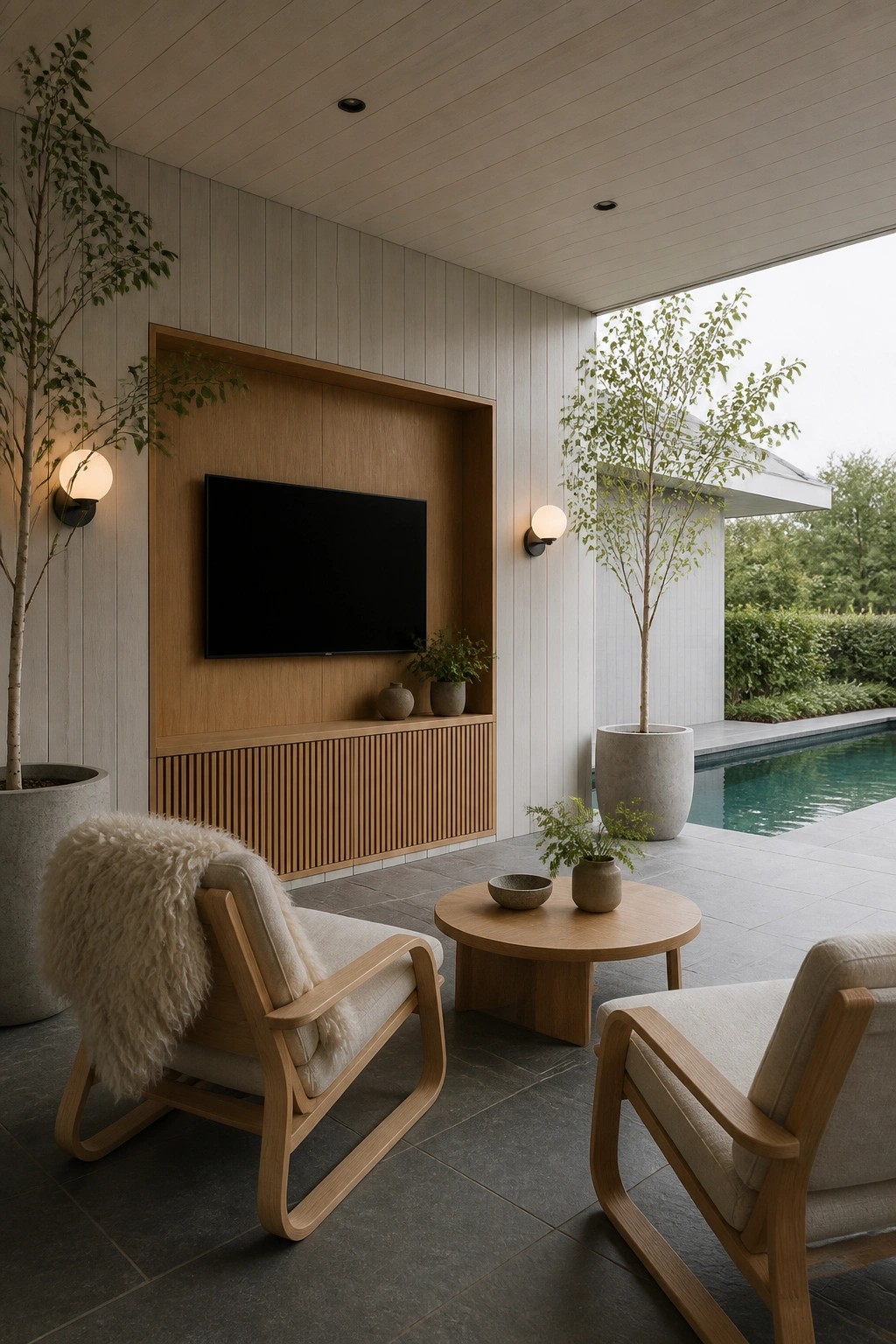 An outdoor covered patio features a recessed wooden wall unit with a mounted flat screen TV above a slatted cabinet, two light wood armchairs, a round coffee table, potted trees, and a swimming pool visible nearby.
