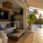 A covered outdoor cabana with a wall-mounted TV, white sectional sofa, wooden coffee table, and a pool visible to the right.