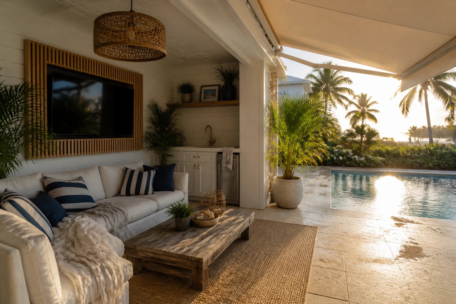 A covered outdoor cabana with a wall-mounted TV, white sectional sofa, wooden coffee table, and a pool visible to the right.