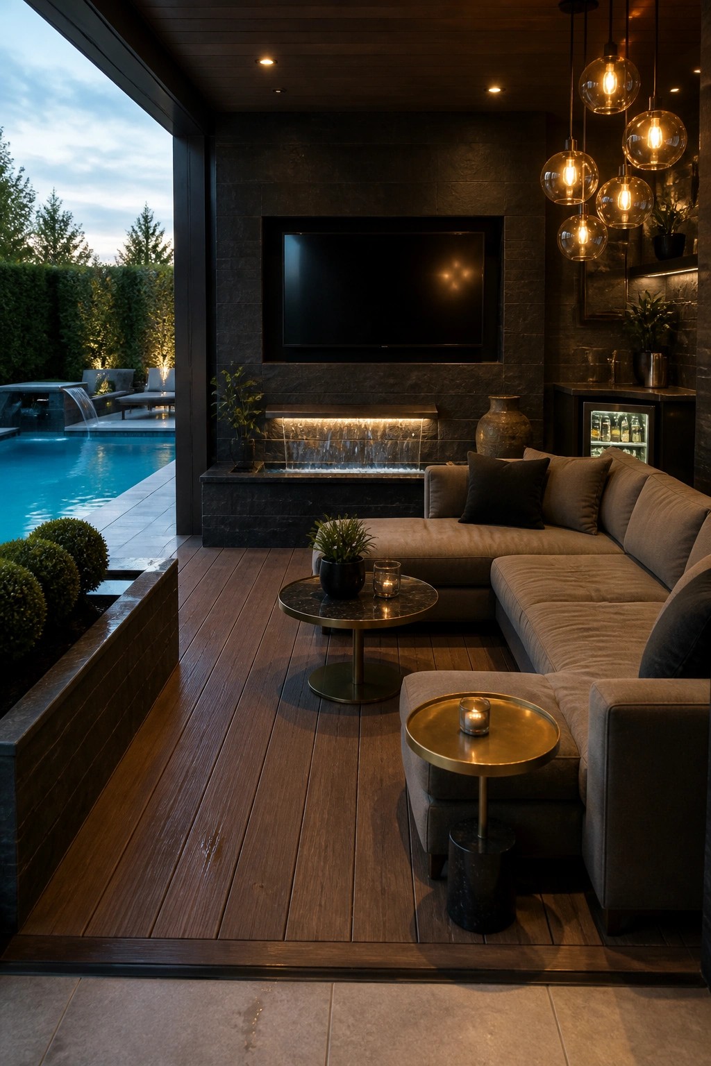 An outdoor lounge area with a large flat screen TV mounted on a dark stone wall above a linear water feature, gray sectional sofa, round coffee tables, and hanging glass pendant lights next to a swimming pool.