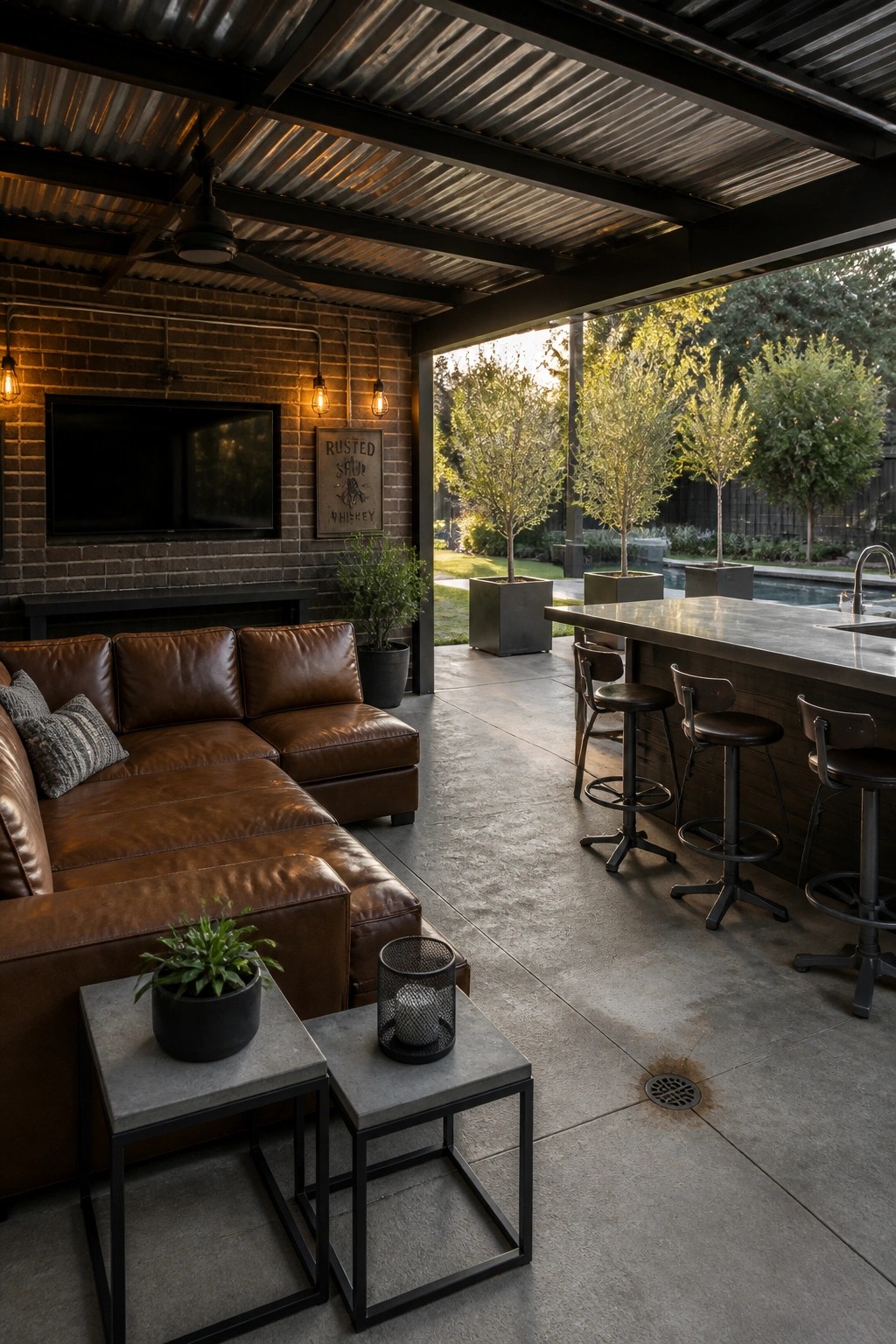 Modern covered patio with brown leather sectional, bar stools, brick wall, and pool view