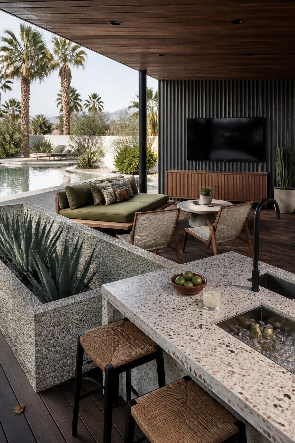 An outdoor cabana with a wall-mounted TV above a wooden console, surrounded by green seating, woven chairs, a stone bar counter with stools, and a view of the pool and palm trees.