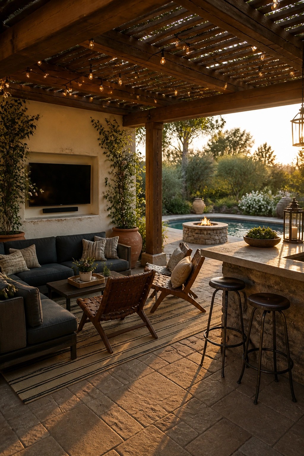 Outdoor patio with string lights, sofa, woven chairs, stone bar, pool and fire pit.