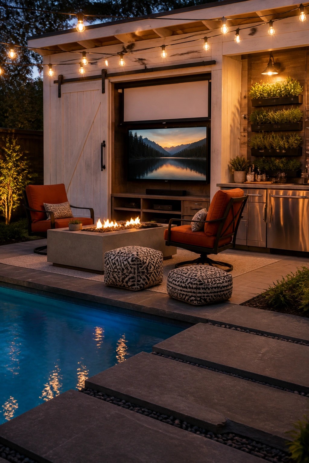 An outdoor pool cabana at dusk with a large television above a fire pit, orange swivel chairs, patterned ottomans, string lights, and a swimming pool in the foreground.