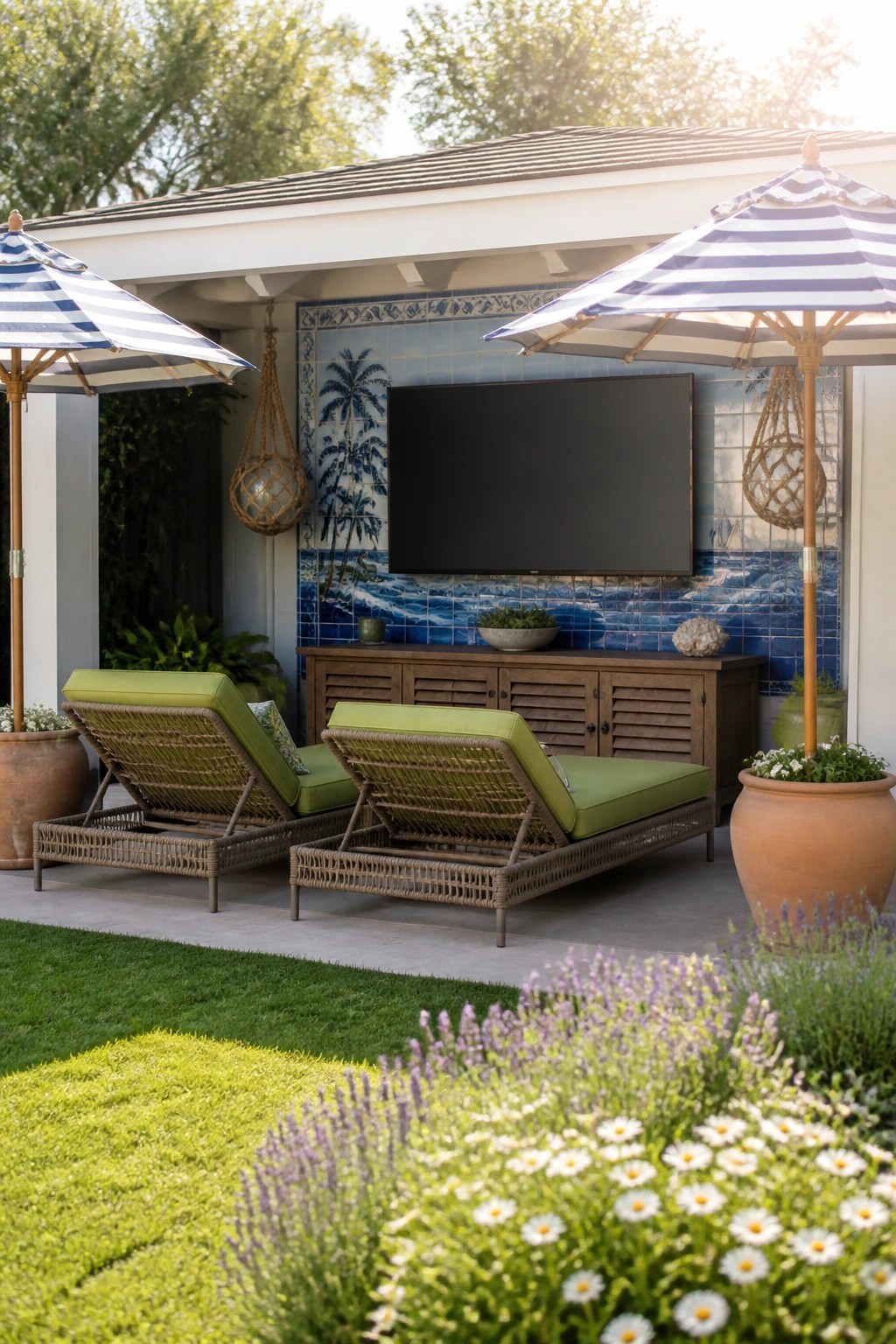 Two green lounge chairs on patio with TV on wave-tiled wall, striped umbrellas, and flowers.
