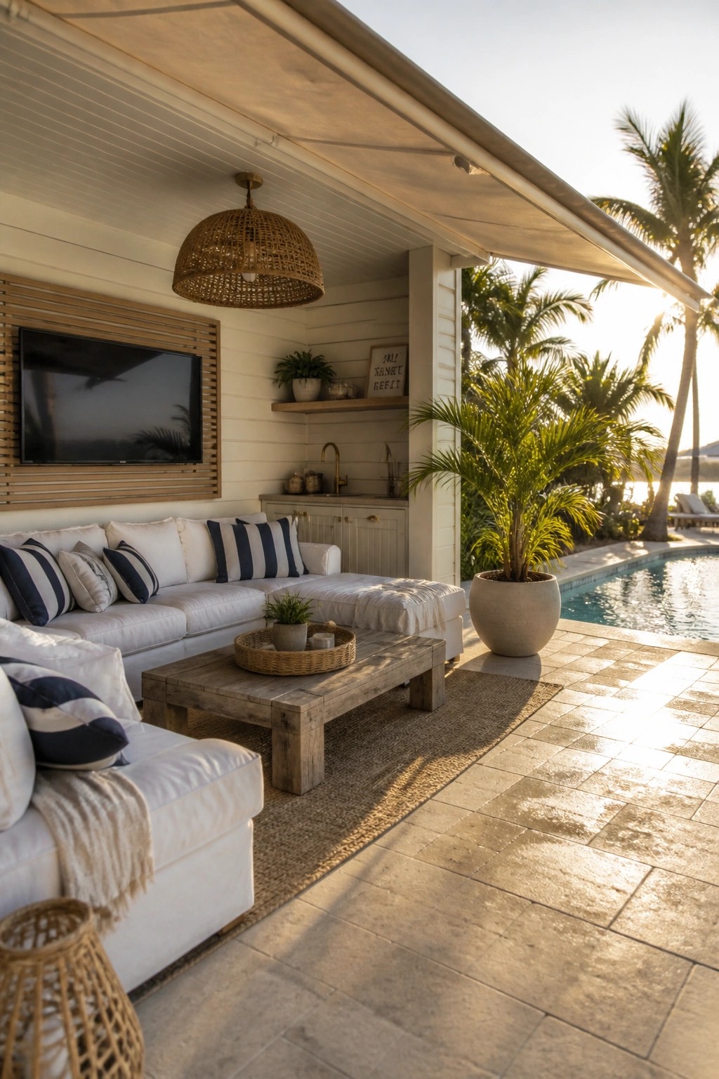 A covered outdoor cabana with a wall-mounted TV, white sectional sofa, wooden coffee table, and a pool visible to the right.