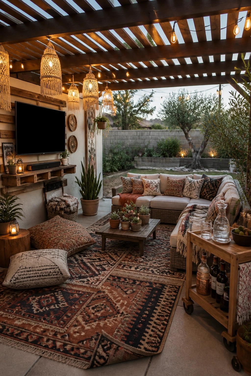 An outdoor covered patio with a wall-mounted TV, large sectional sofa, wooden coffee table, patterned rugs, hanging lanterns, and string lights.