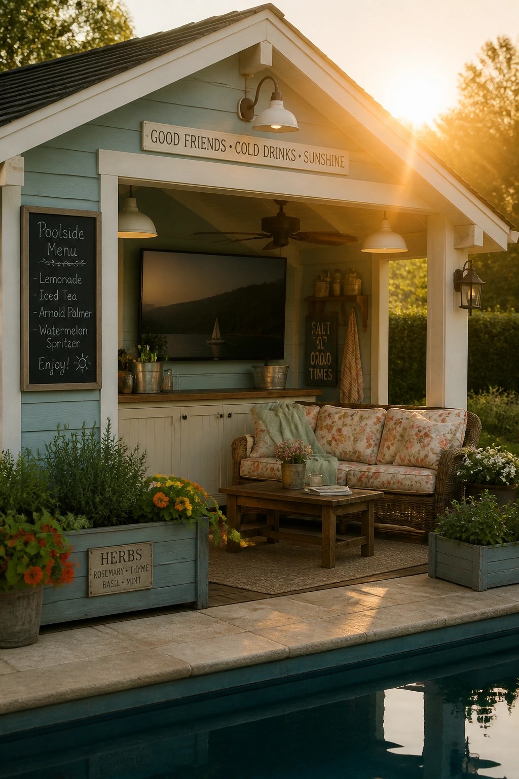 A light blue pool cabana with a mounted TV, floral sofa, coffee table, and bar counter beside a swimming pool at sunset.