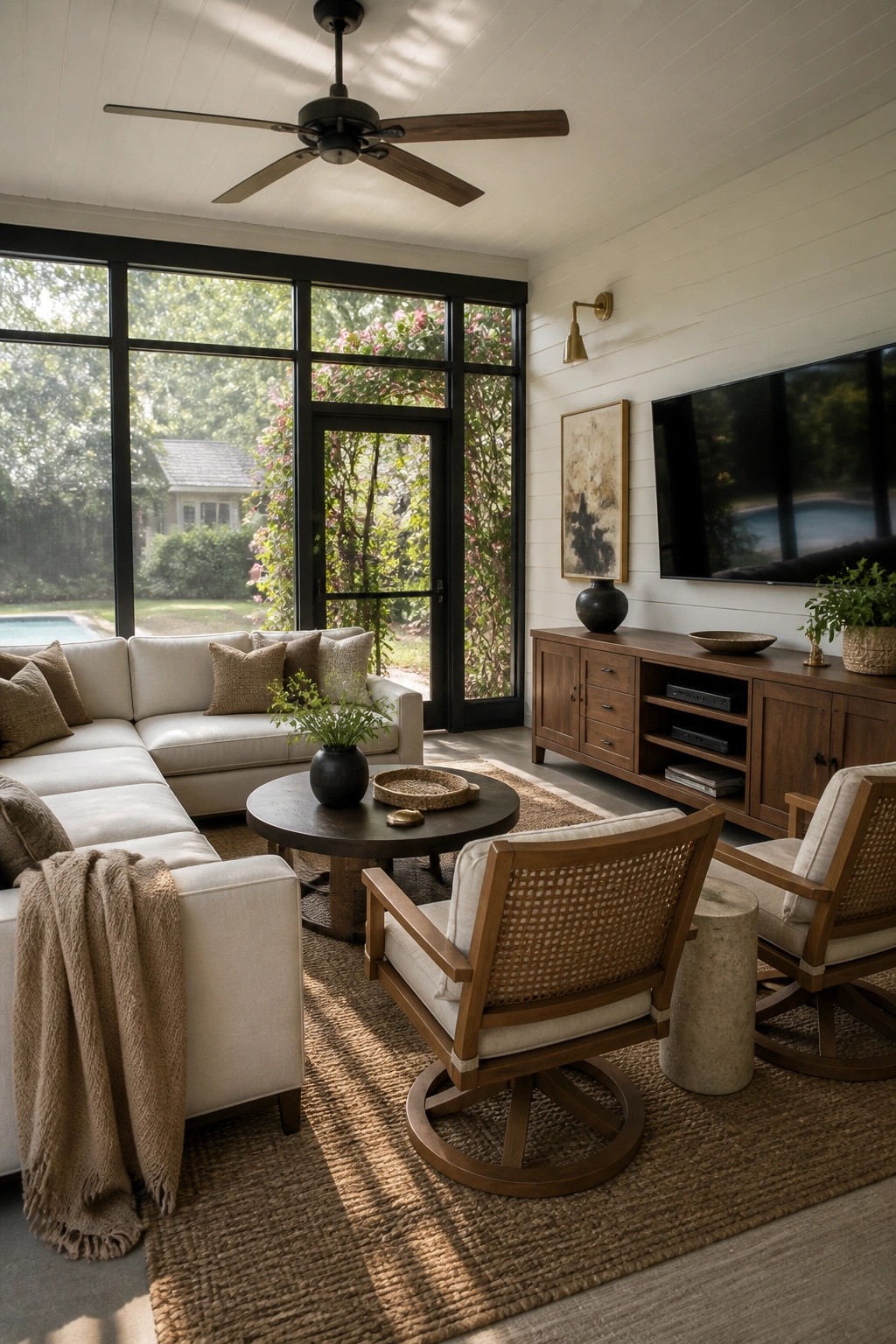 Modern living room with white sectional sofa, wooden swivel chairs, TV, and large windows