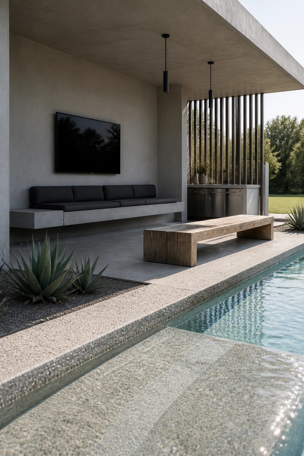 Modern outdoor cabana with wall-mounted TV above a concrete bench, wooden bench seating, outdoor kitchen, and pool in the foreground.