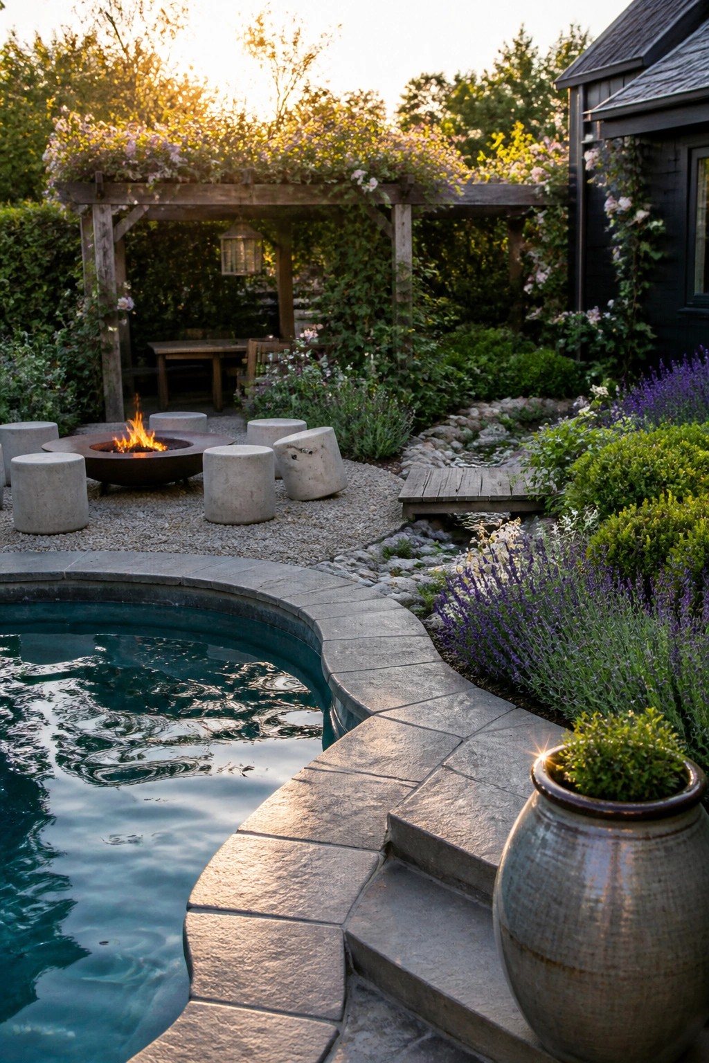 A small backyard pool with a round fire pit and concrete stools on gravel nearby, plus a wooden pergola and garden beds in the background.