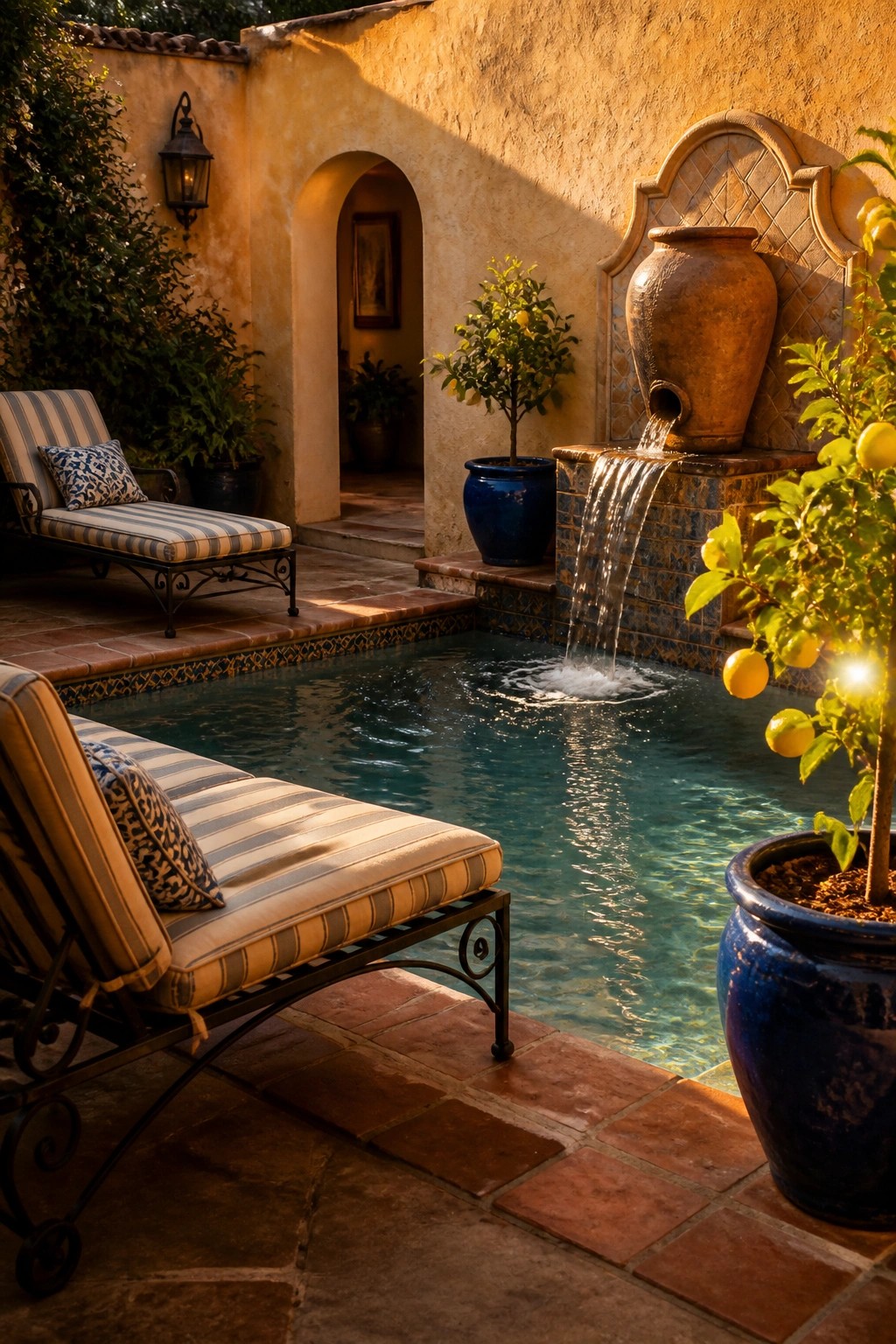 A small backyard pool with striped lounge chairs on terracotta tiles, a blue tiled fountain spilling water from a large terracotta pot, and potted citrus trees nearby.