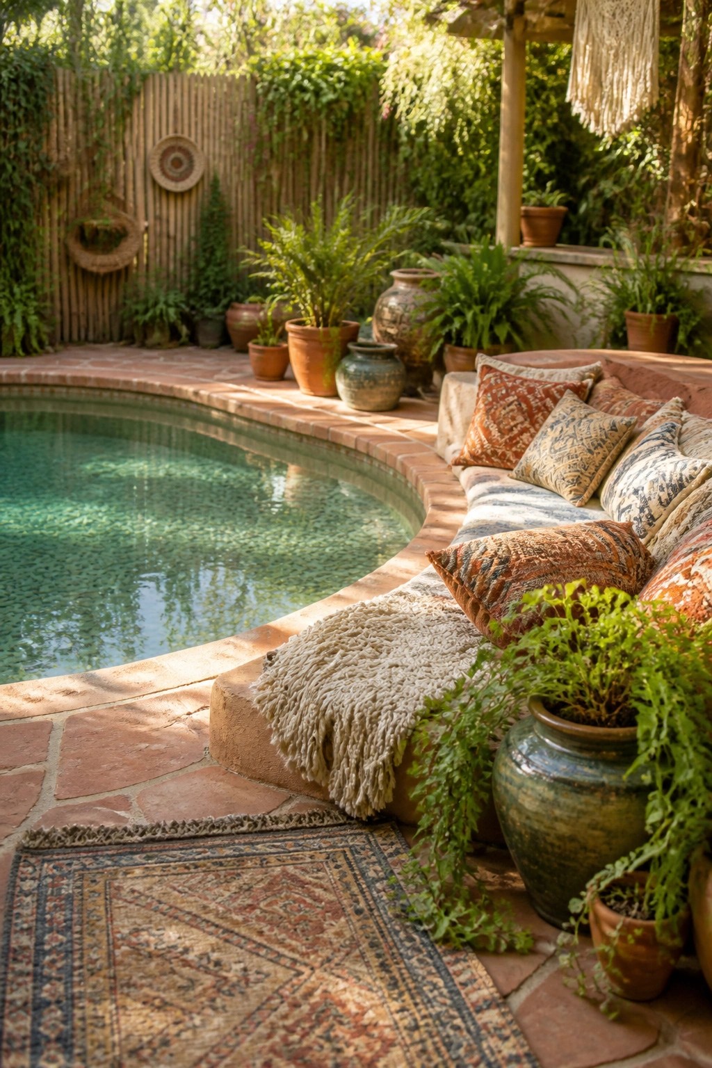 A small backyard pool with a curved built-in bench covered in patterned pillows along the stone edge, surrounded by potted plants.