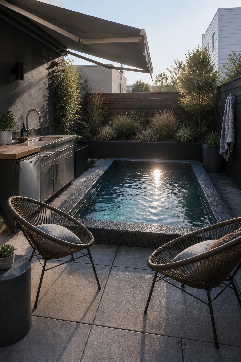 A small rectangular plunge pool sits in a paved backyard next to an outdoor kitchen with stainless steel cabinets, with two woven chairs placed at the edge of the pool and a retractable awning overhead.