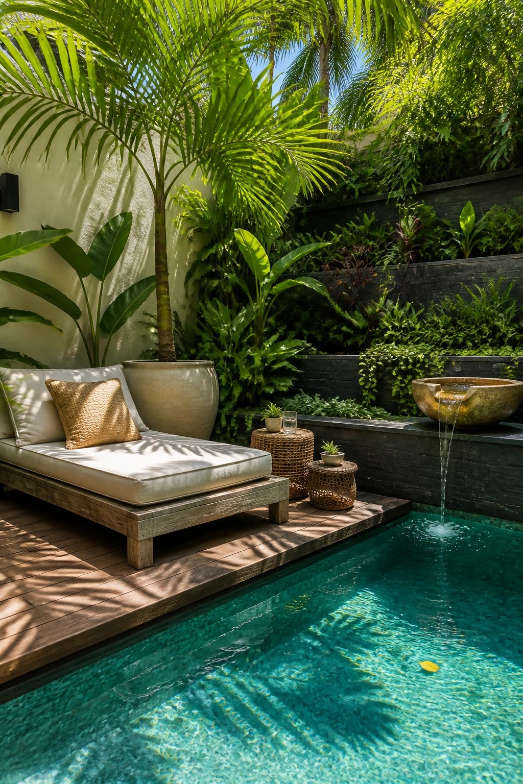 A small backyard pool bordered by a wooden deck with a cushioned daybed, surrounded by tropical plants and a stone fountain.