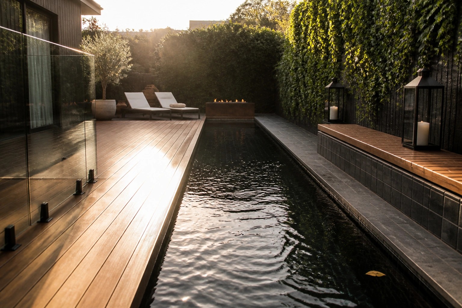A narrow rectangular backyard pool with dark water sits between a wooden bench on the left and a wooden deck on the right, with a fire pit at the far end, lanterns in the foreground, and ivy-covered walls.