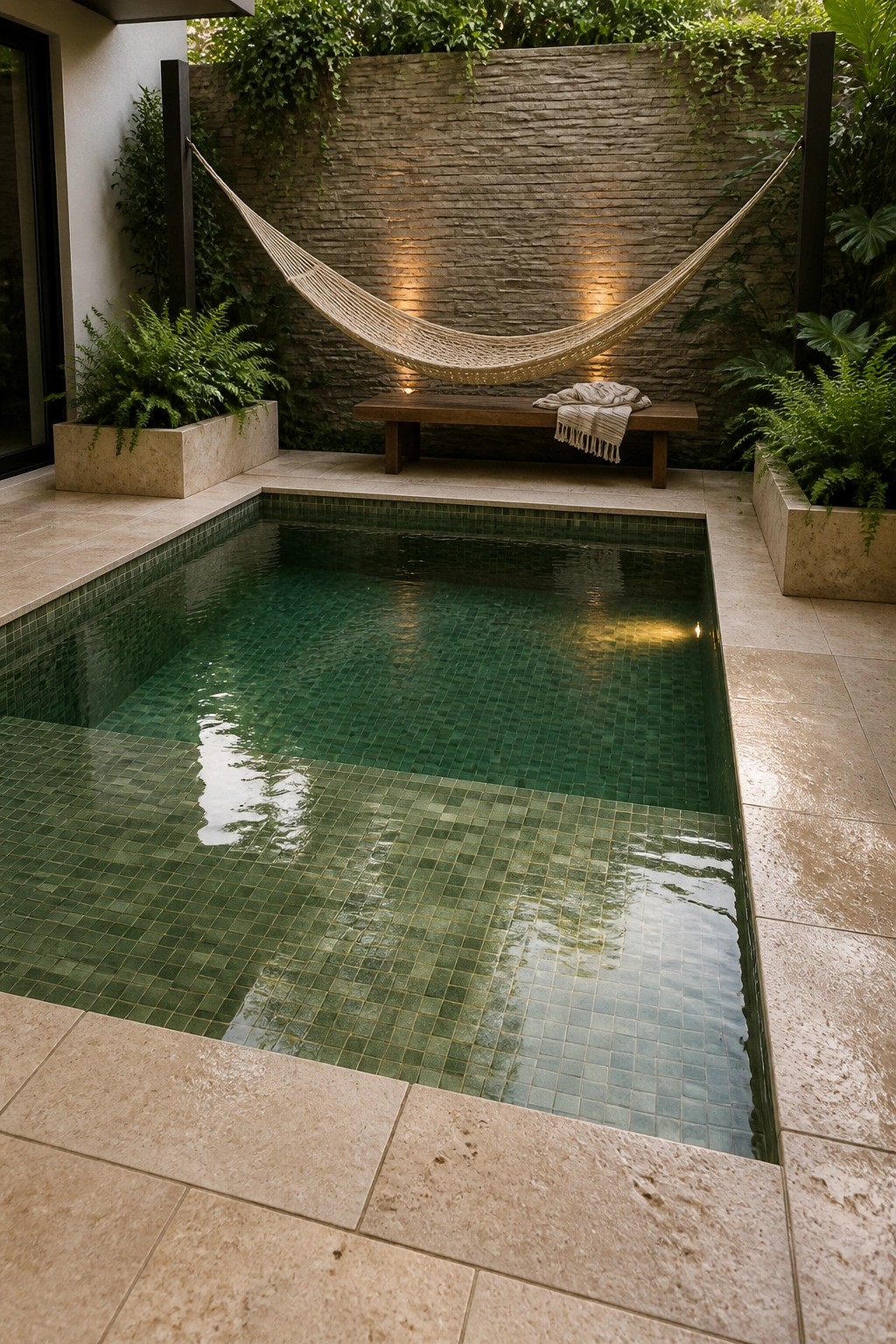 A small rectangular pool with green mosaic tiles is set in a stone-paved courtyard, with a hammock strung above it against a textured stone wall and large planters holding ferns on both sides.