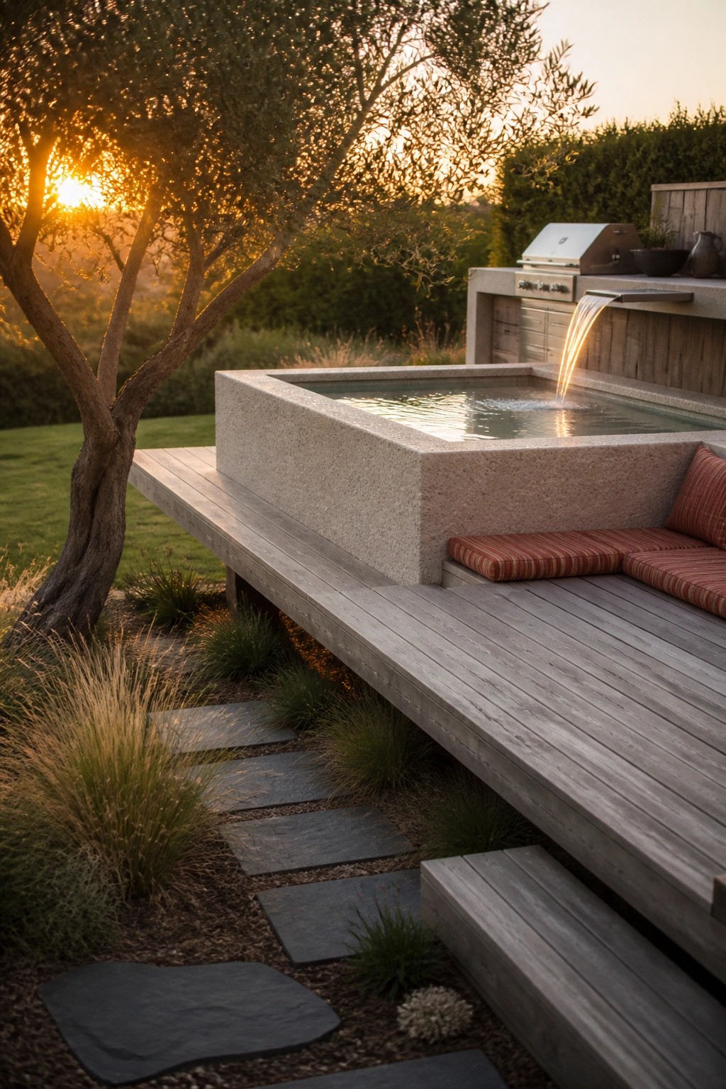 A rectangular concrete pool with a water spout sits flush with a wooden deck beside an outdoor kitchen, with a stone path and trees visible at sunset.