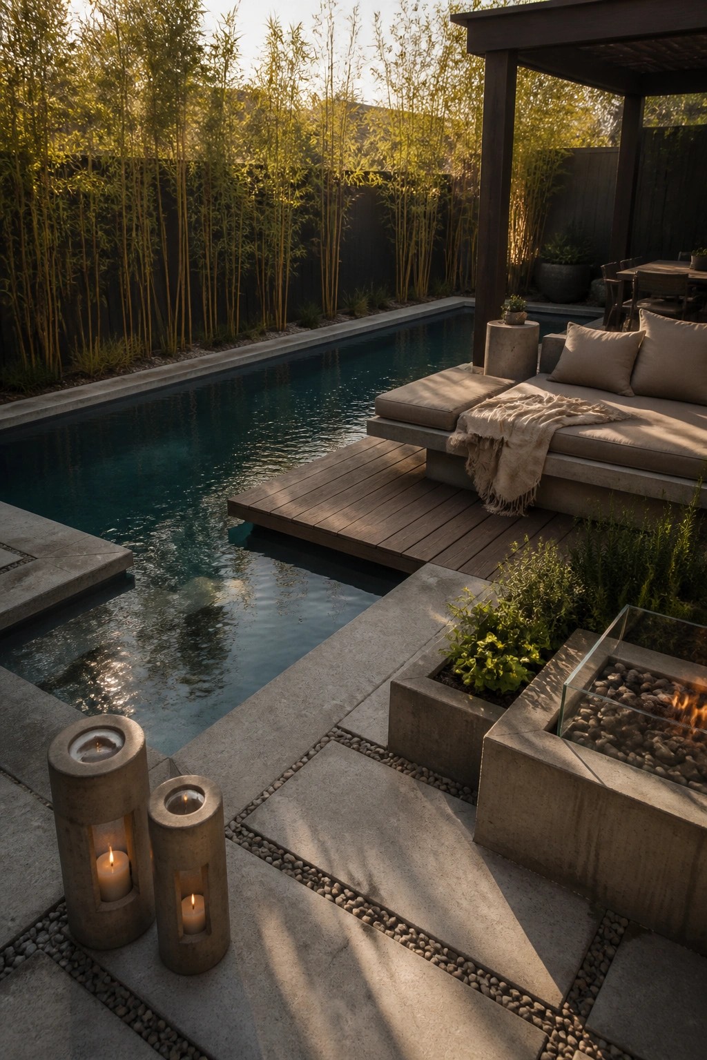 A narrow backyard pool with a wooden deck built at water level, concrete seating with cushions, a glass fire pit, and bamboo along the fence.