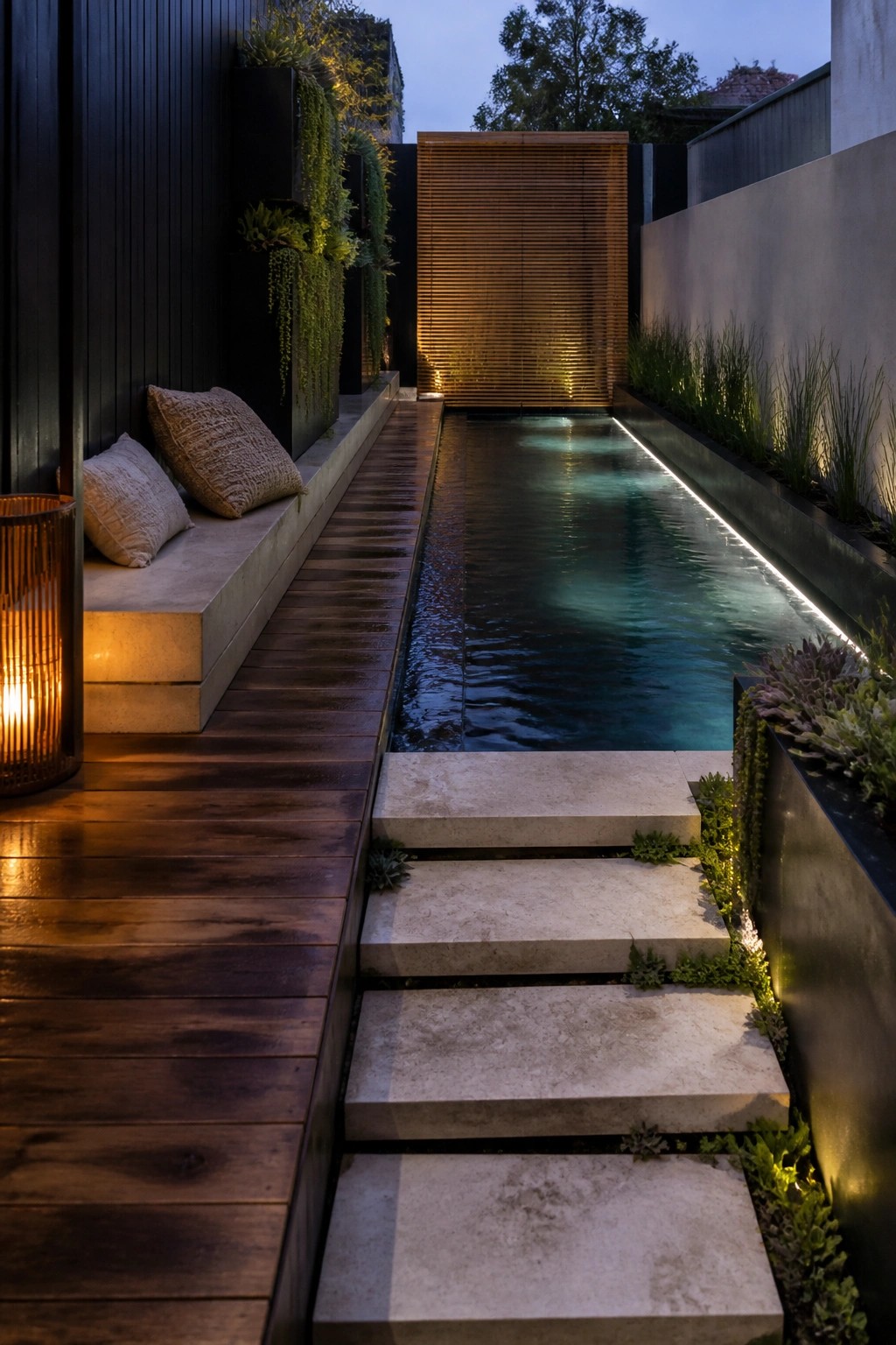 A narrow lap pool with a long built-in concrete bench along one side, wooden decking, stone steps, and surrounding plants at dusk.