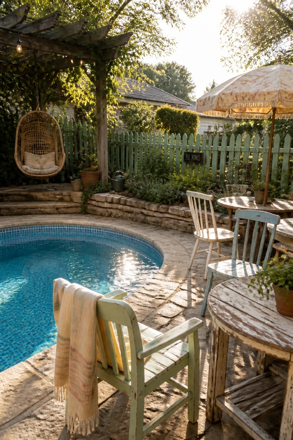 Cozy backyard pool with hanging chair, rustic tables, and green fence