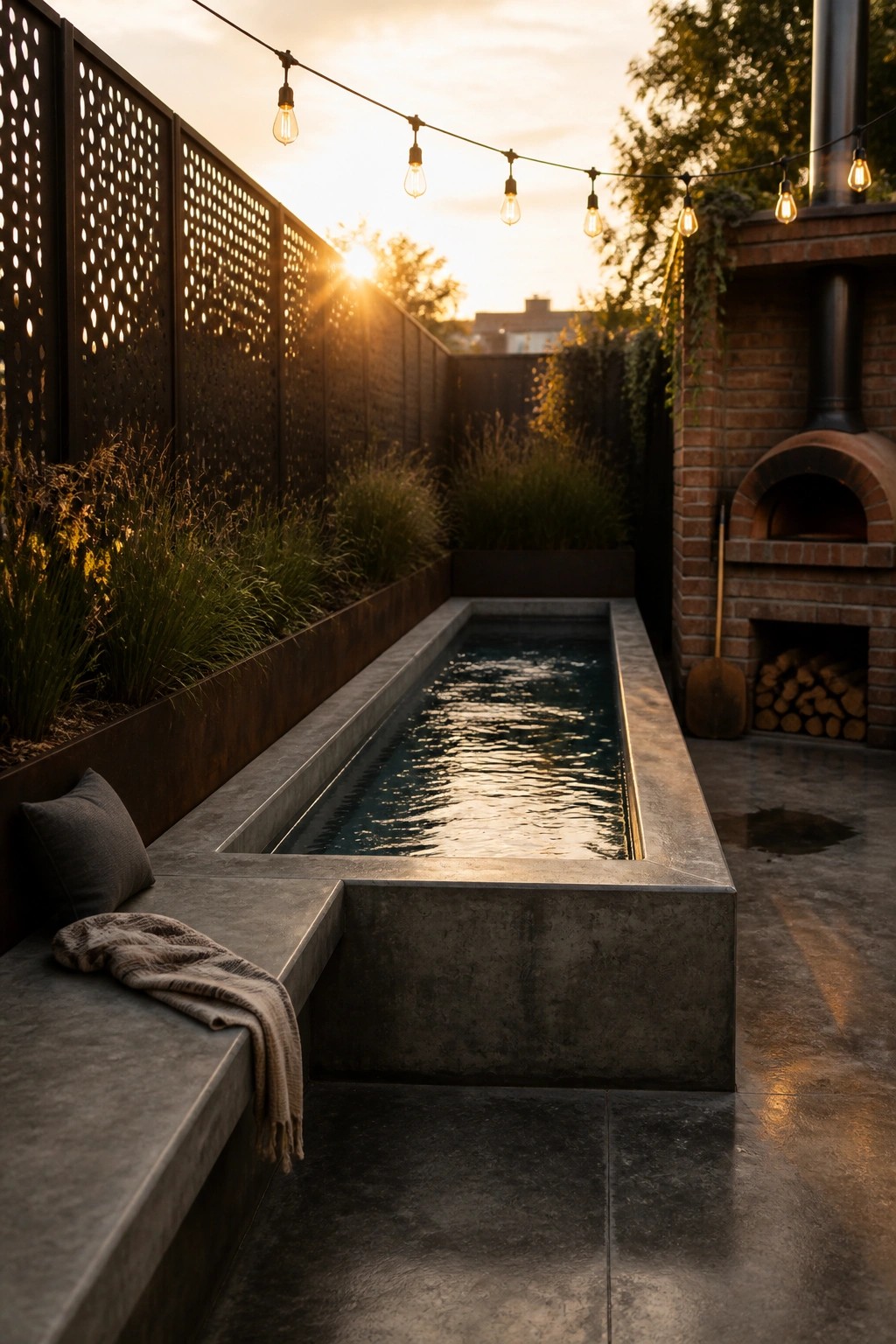 A narrow rectangular pool with integrated concrete seating along one side, set in a small backyard with string lights and a brick oven.