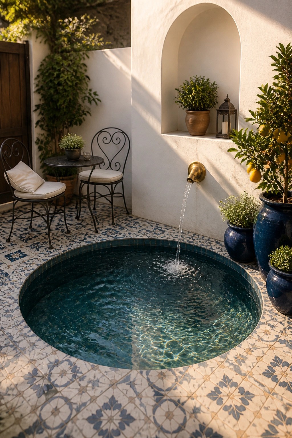 A small circular pool with blue water sits on patterned tile flooring, with water flowing from a brass wall spout into the pool.