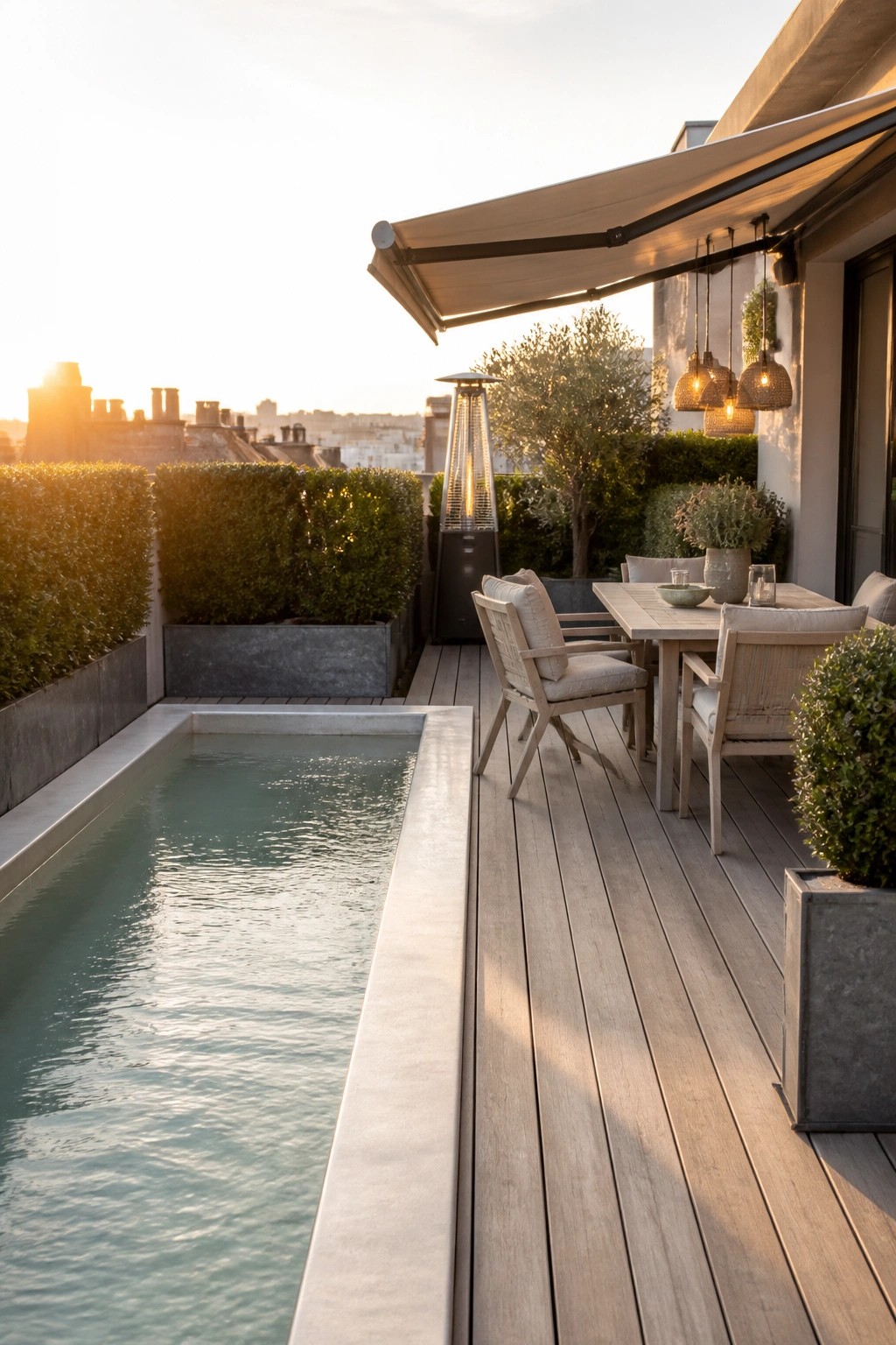 A narrow rectangular pool runs along the edge of a wooden deck with an outdoor dining table, chairs, and awning overhead.