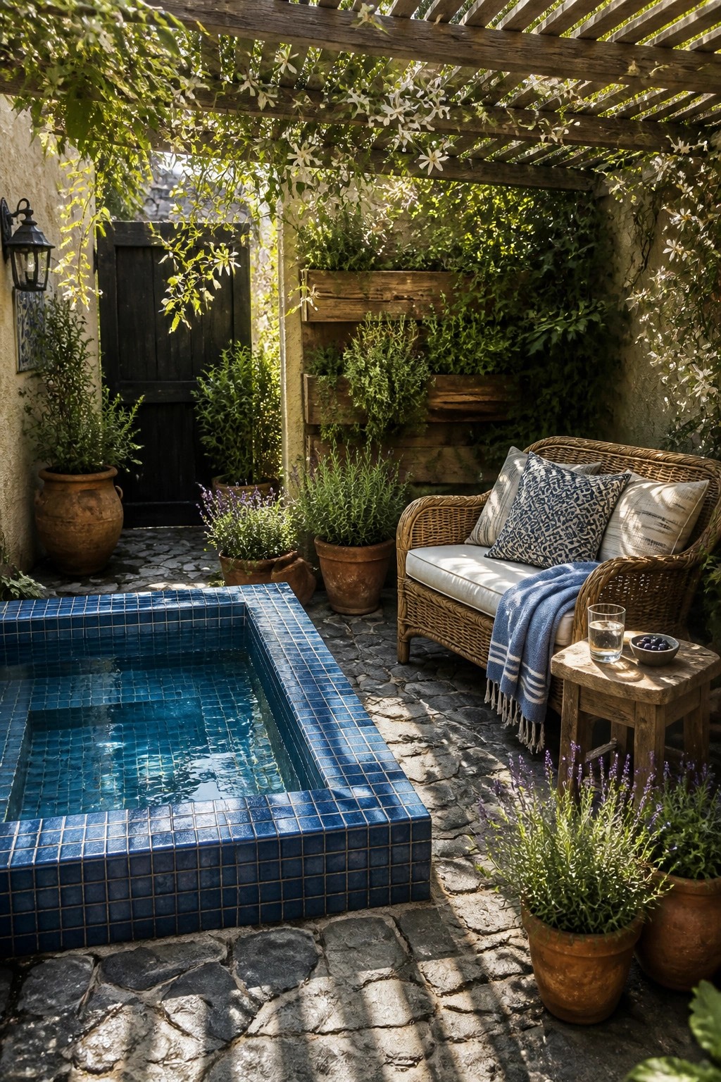 A small square blue-tiled pool is set into a cobblestone patio next to a wicker sofa under a wooden pergola with climbing vines and terracotta pots.