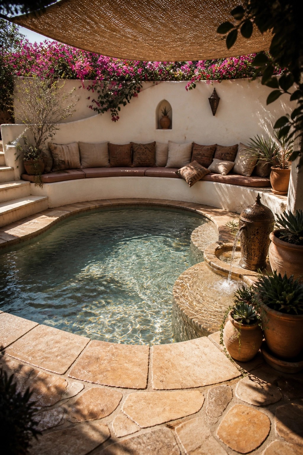 A small curved pool with a built-in cushioned bench along one side, stone paving, and potted plants.