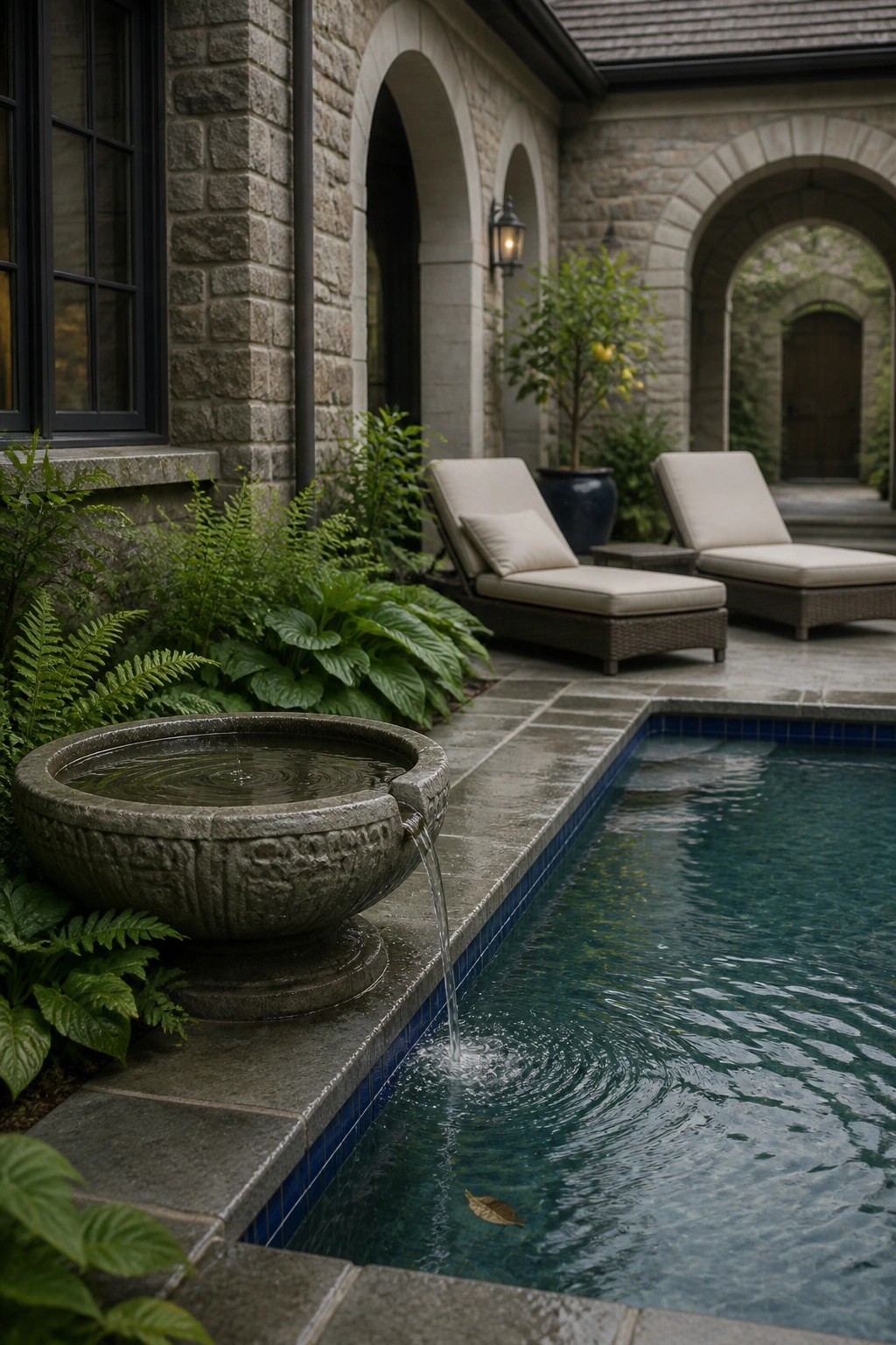 A carved stone fountain spills water into a rectangular pool next to two lounge chairs on a stone patio with arched house walls and surrounding ferns.