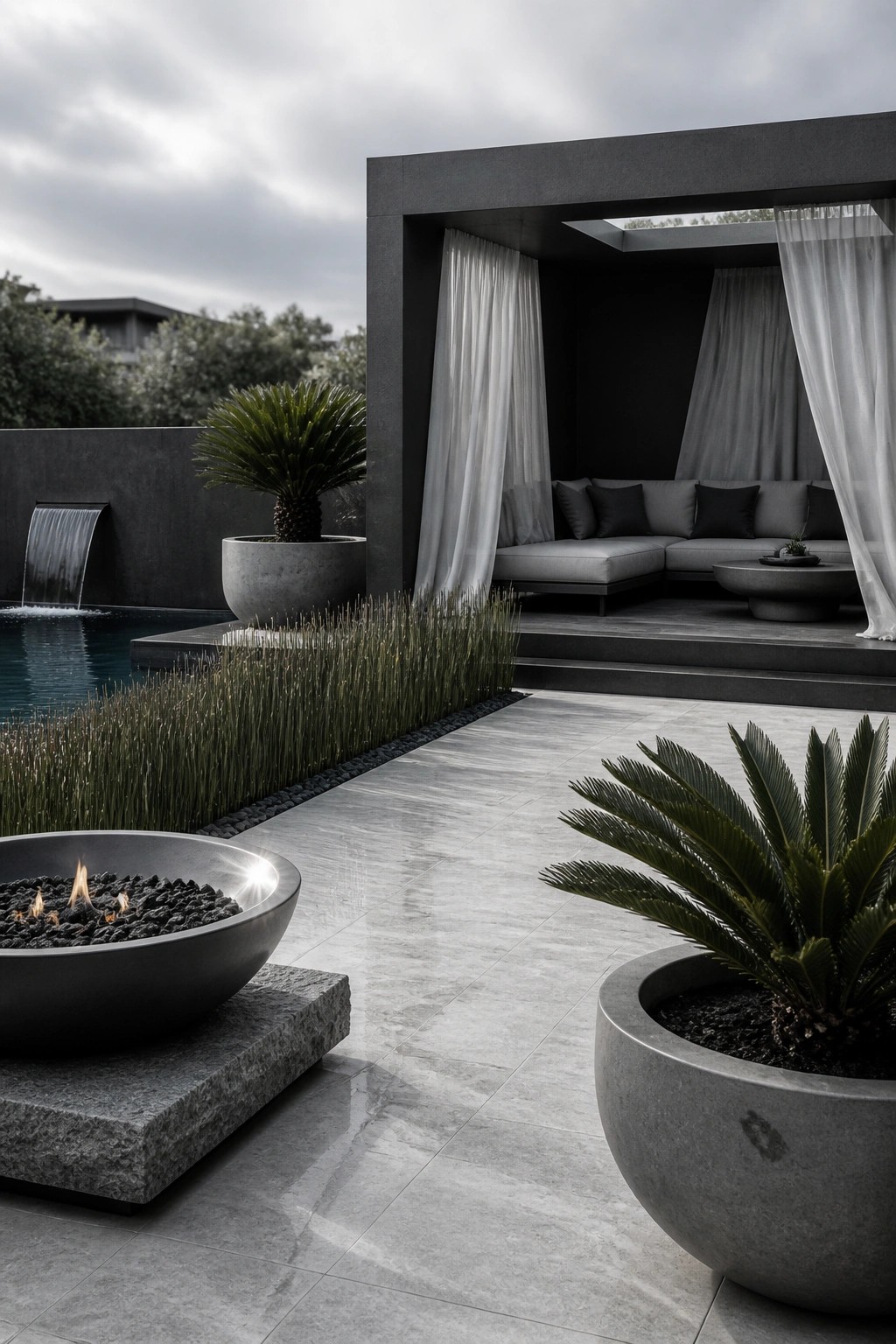 A modern outdoor space features a round fire pit on a stone base in the foreground, a rectangular pool with a small waterfall, large potted plants, and a covered lounge area with a gray sectional sofa and sheer white curtains.