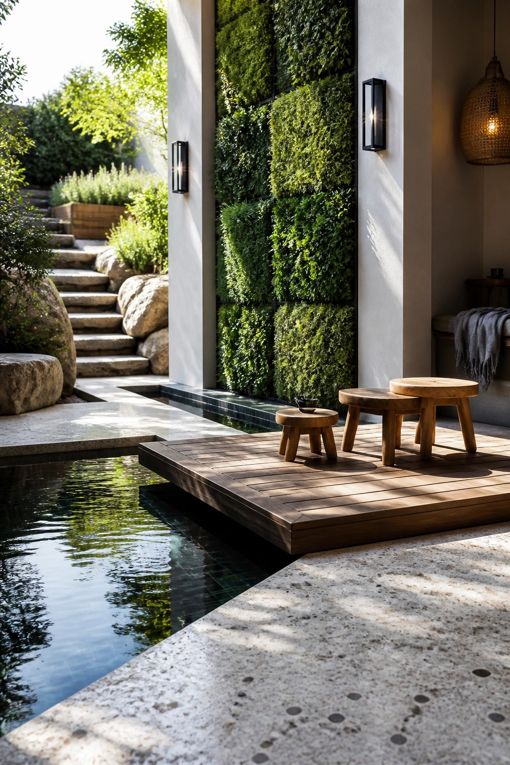 A modern pool area features a wooden deck extending over the water next to a tall living wall of green plants, with wooden stools on the deck and stone steps visible in the background.
