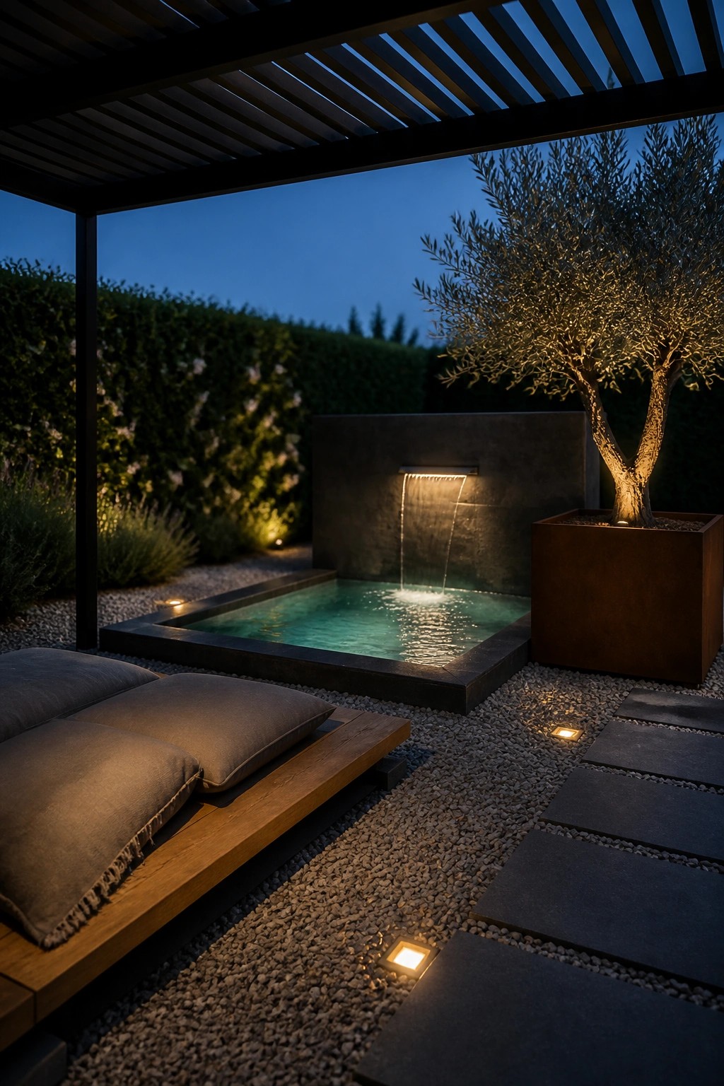 An evening view of a small rectangular pool with a lit water wall on a concrete backdrop, wooden lounge cushions in the foreground, gravel ground cover with pavers, and a tree in a metal planter under a slatted pergola.