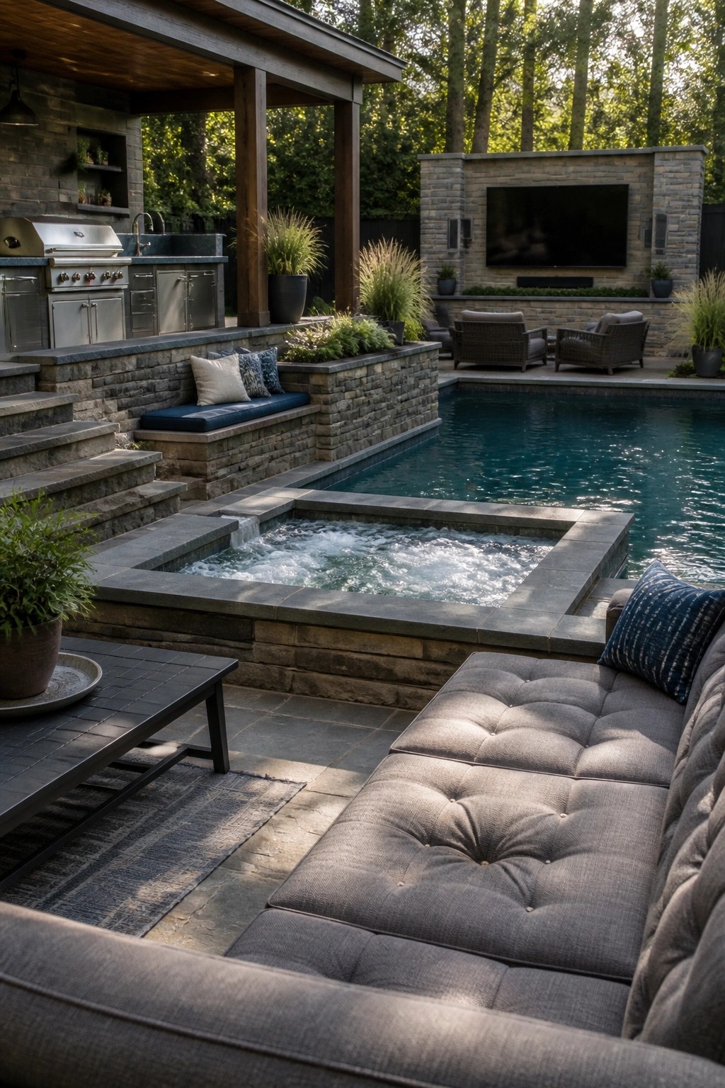 An outdoor pool area with a bubbling spa built into a stone deck, surrounded by gray lounge seating, an outdoor kitchen, and a stone TV wall.