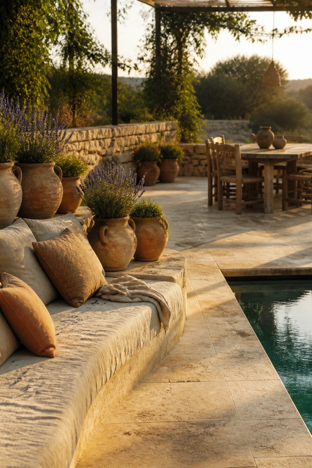 A curved stone bench lined with cushions and terracotta pots of lavender sits beside a pool on a tiled patio, with a wooden dining table visible in the background.