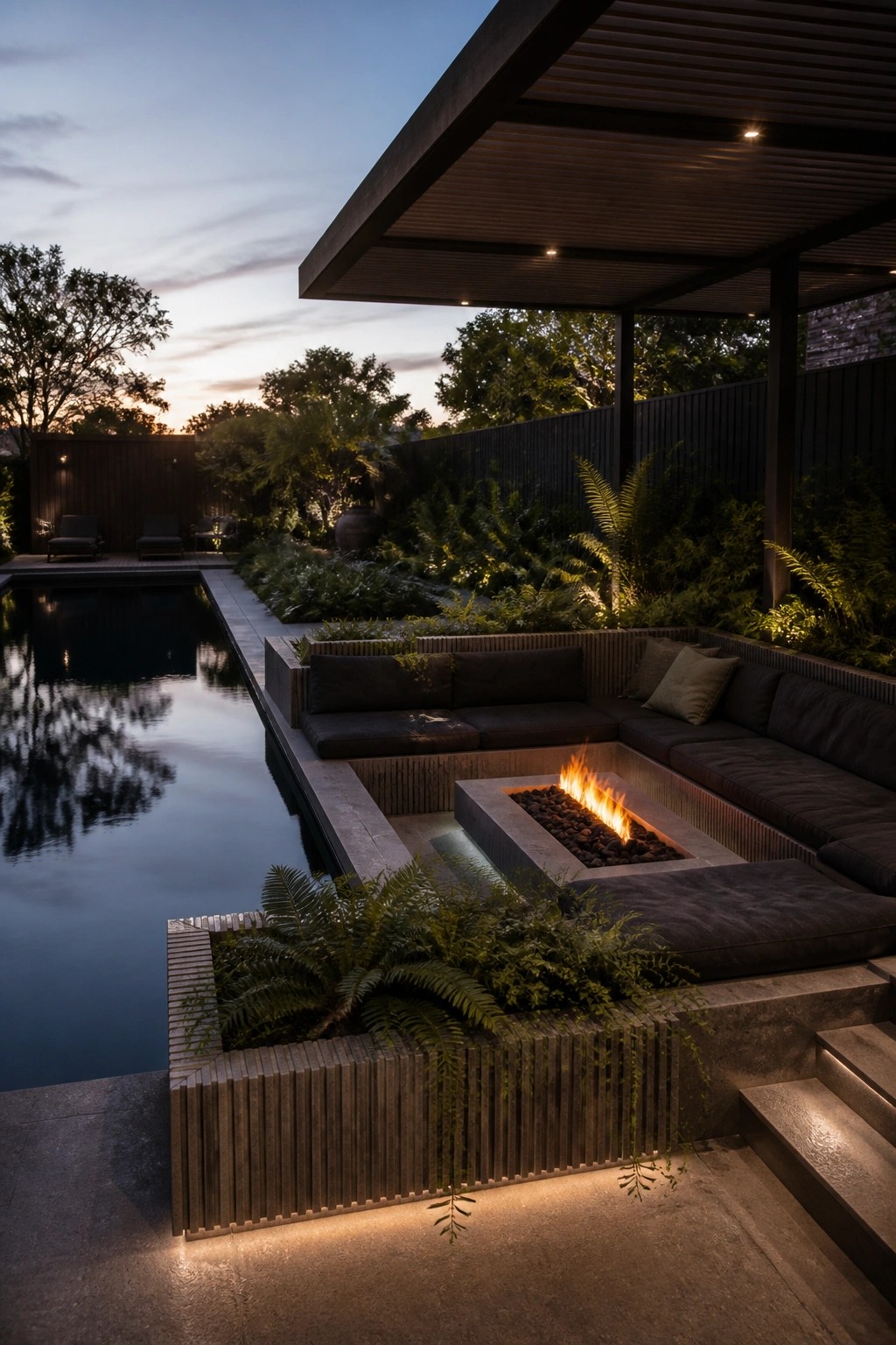 An outdoor pool at dusk with built-in dark cushioned seating surrounding a rectangular fire pit, ferns integrated into the concrete and wood structure, and a covered overhead.