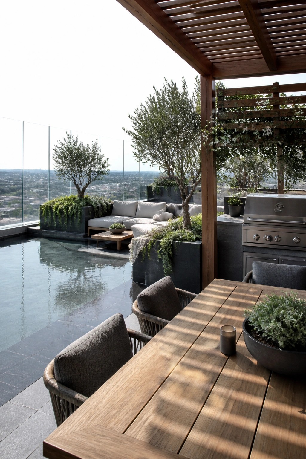 A modern rooftop pool terrace with a sectional sofa framed by large dark planters holding trees, an outdoor kitchen with grill, and a wooden dining table under a pergola.