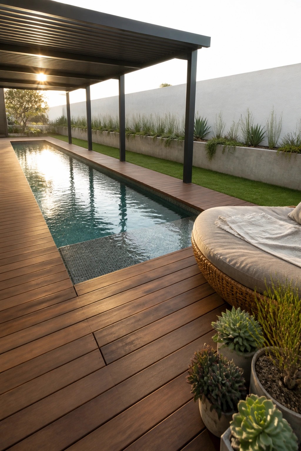 A long rectangular pool bordered by dark wood decking under a pergola, with a round wicker daybed and several potted succulents placed along the edge.