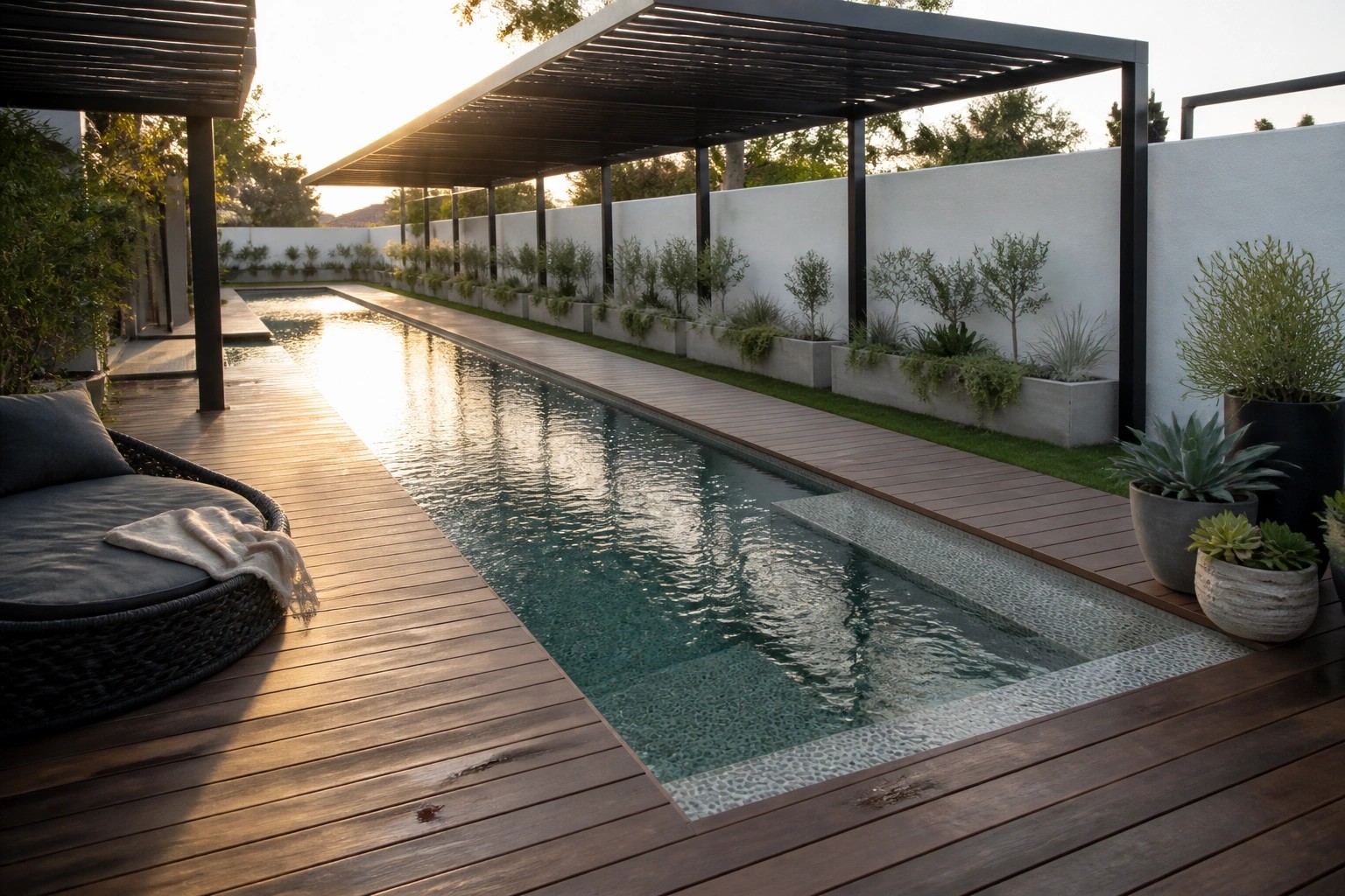 A long rectangular pool bordered by dark wood decking under a pergola, with a round wicker daybed and several potted succulents placed along the edge.