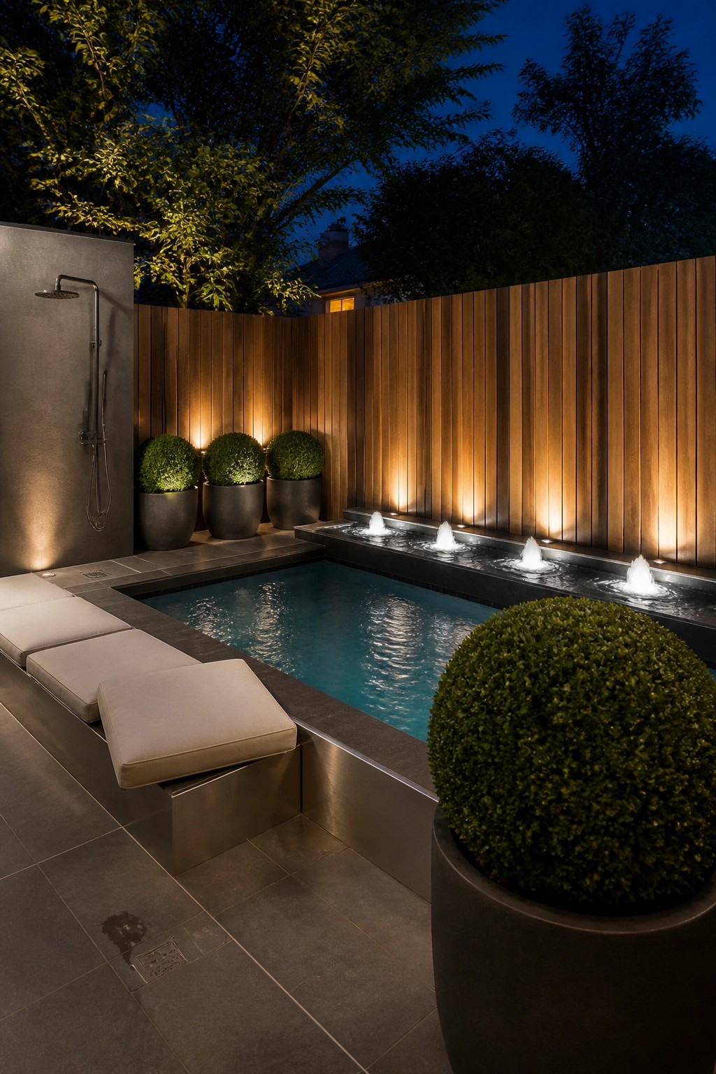 An evening view of a rectangular pool with a linear water feature of small fountains along one edge, cushioned lounge seating on a raised platform, and several large potted shrubs against a lit wooden fence.