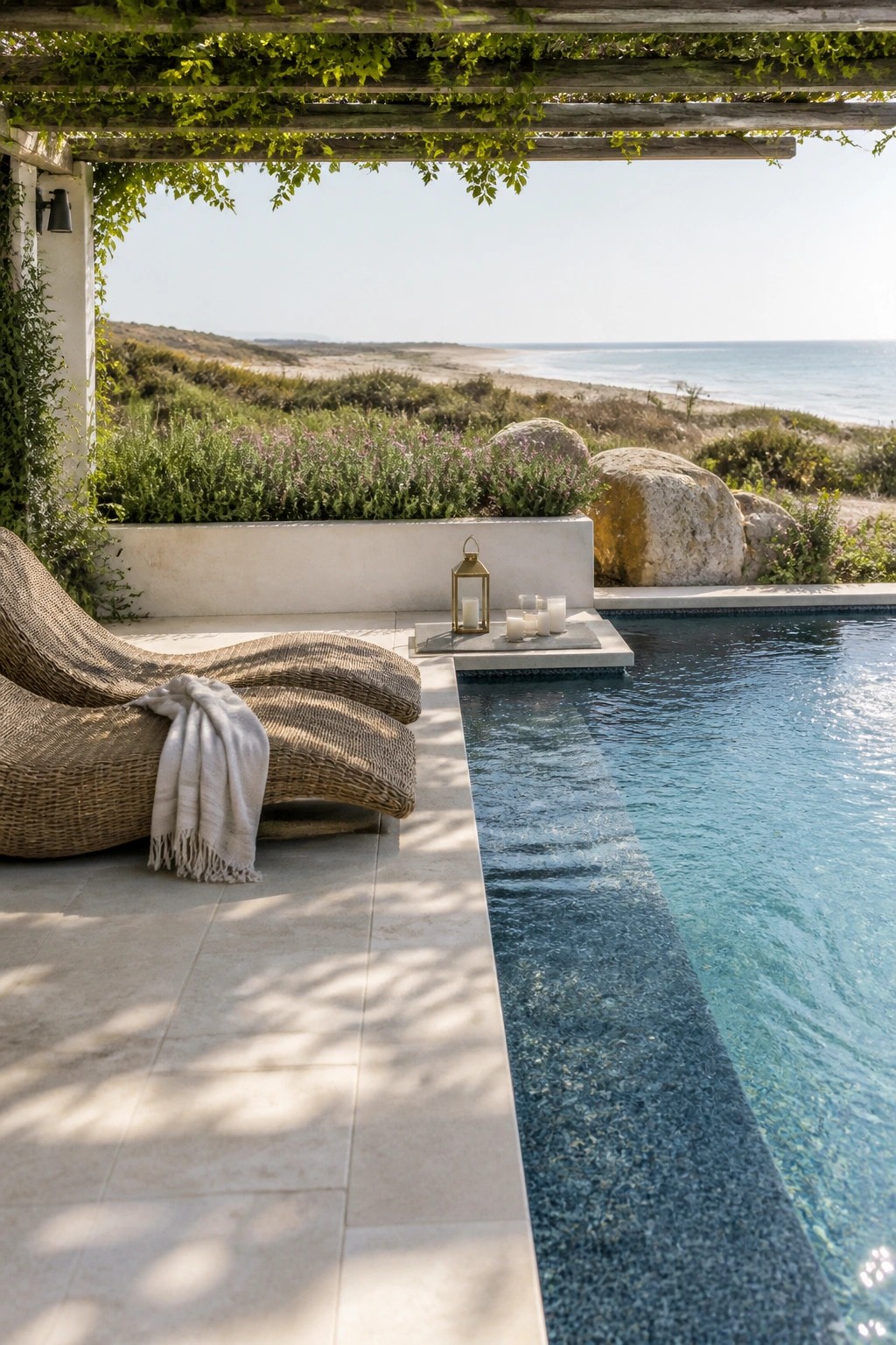 A woven lounge chair with a folded throw rests on a light stone deck directly beside a long rectangular pool, with a small platform holding a lantern and candles at the water's edge.