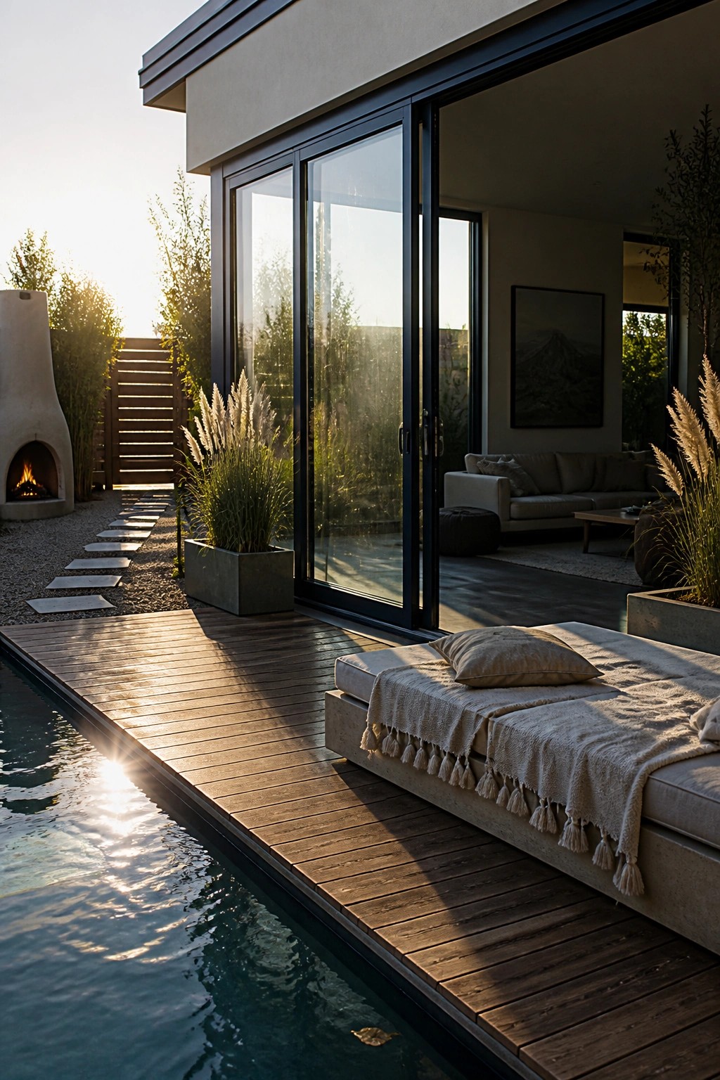 A modern house with black-framed sliding glass doors opens onto a wooden deck next to a pool, with a low concrete daybed holding a pillow and throw blanket, potted grasses, and an outdoor fireplace visible in the background.