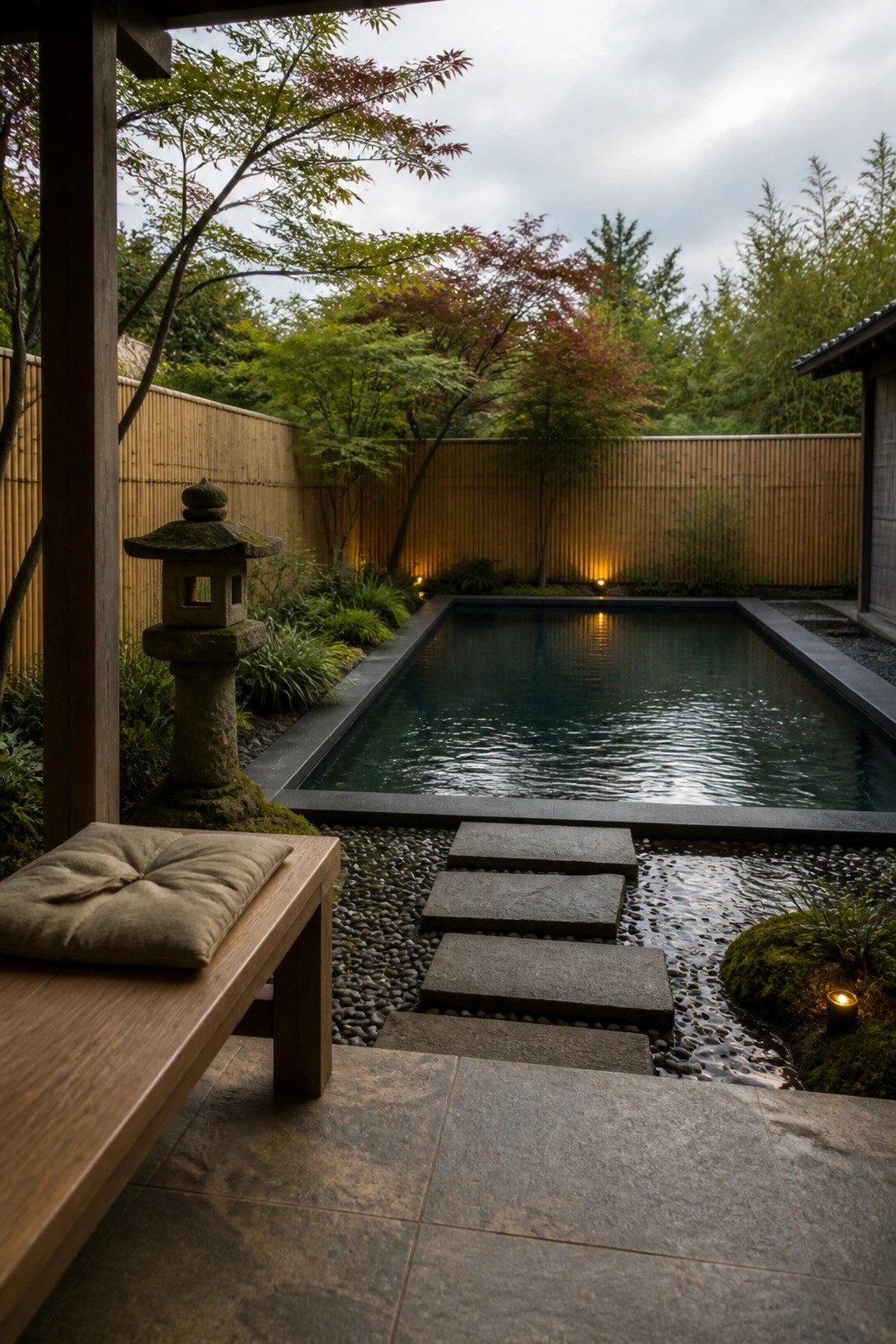 A rectangular pool with stone stepping stones across a gravel bed, a wooden bench with cushion in the foreground, and a stone lantern near trees and a bamboo fence.