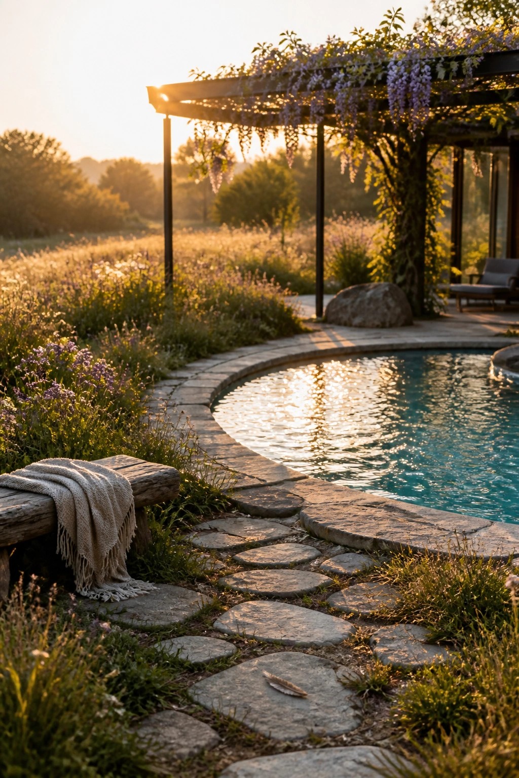 A curved path of irregular flat stones leads through wildflowers to a curved pool edge, with a wooden bench holding a folded blanket on the left side.