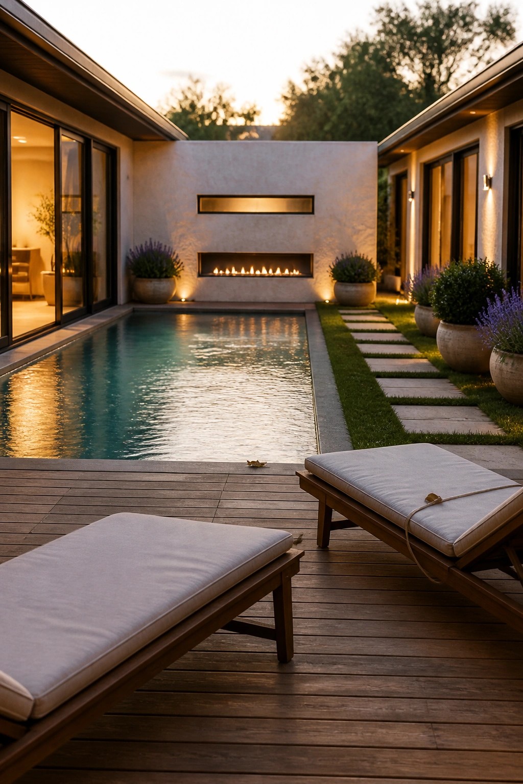 Modern pool surrounded by a dark wood deck with two cushioned lounge chairs in the foreground, a linear fireplace on the back wall, and potted plants along the side.